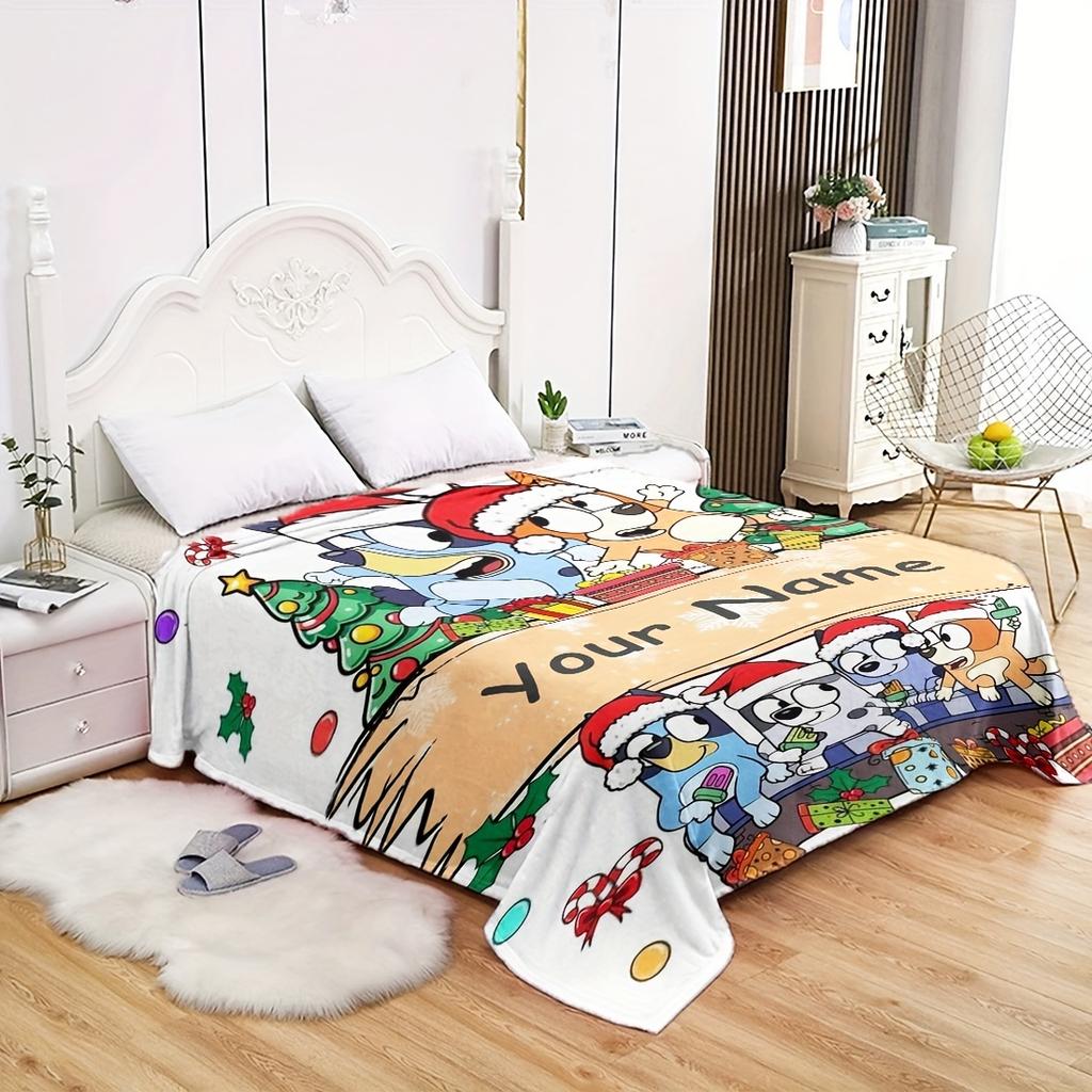 Customizable Name Flannel Blanket - Anime Dog Print Christmas All-Season, Machine Washable, Knitted Polyester, Cozy Warm