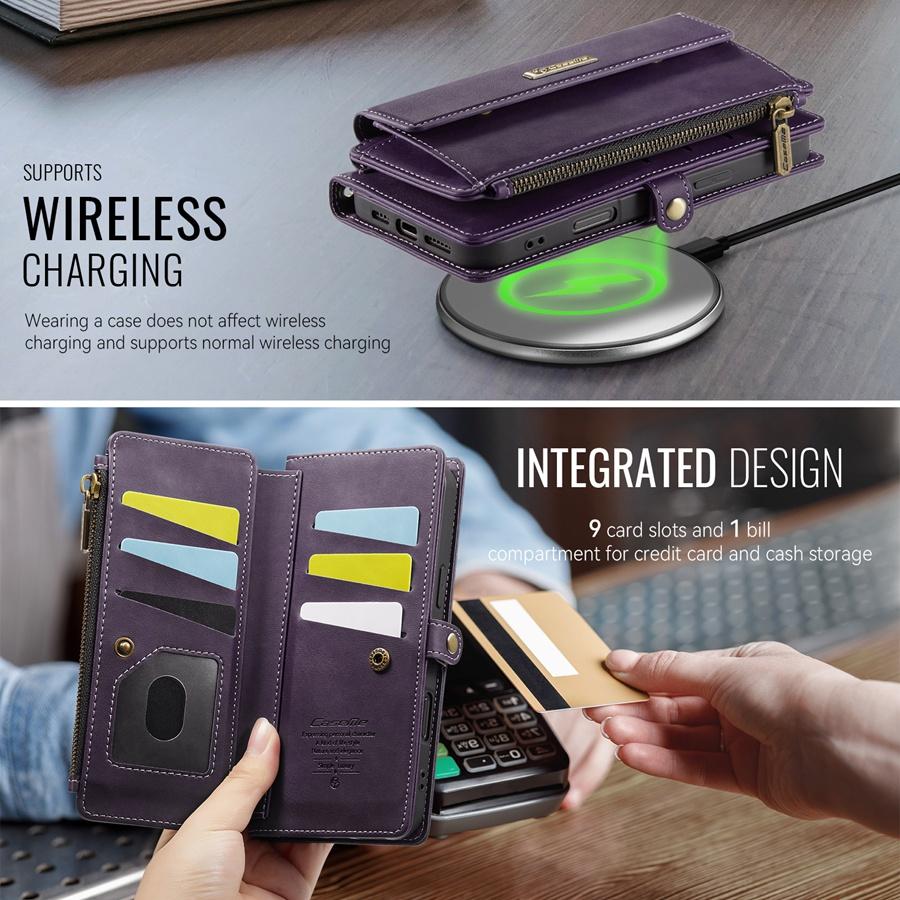 For iPhone/Samsung RFID Blocking Multilayer Wallet Phone Case Purse with 9 Card Slots+Zipper Pocket+Coin Sack Detachable Crossbody Strap + Wrist Strap