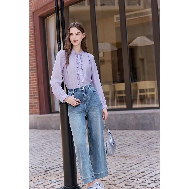 BETU Women's Contrast Stitch Cropped High-Waist Denim Wide-Leg Pants