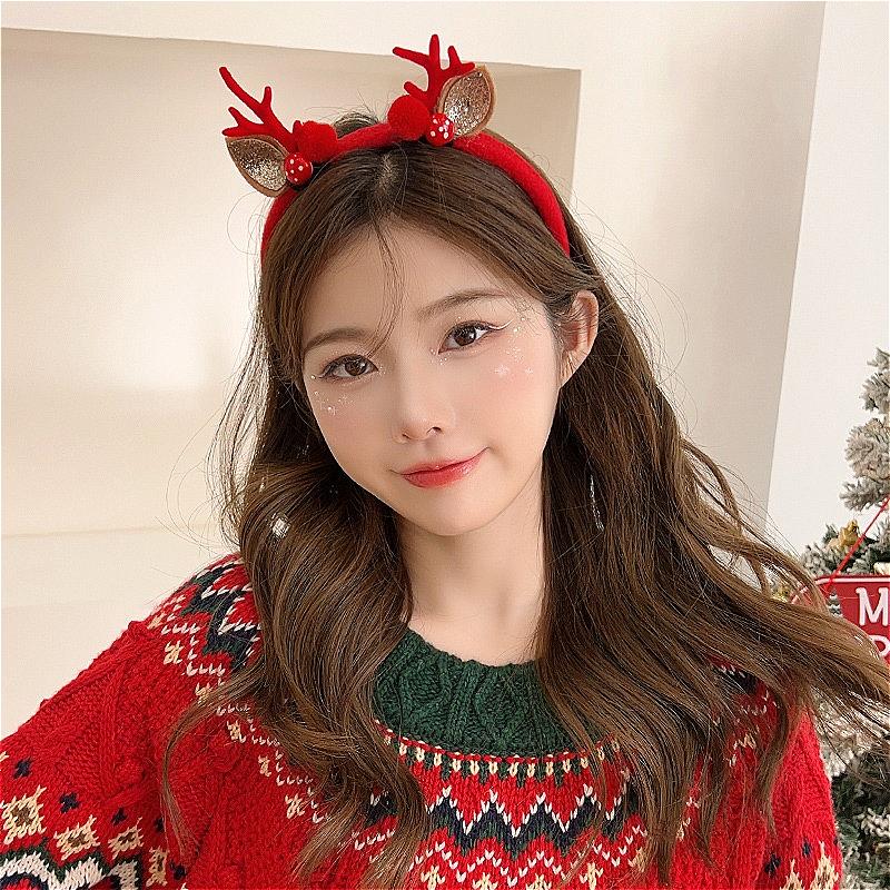 Christmas Deer Antler Headband Red Forest Style, Festive Reindeer Hair Band for Women Girls Children Holiday