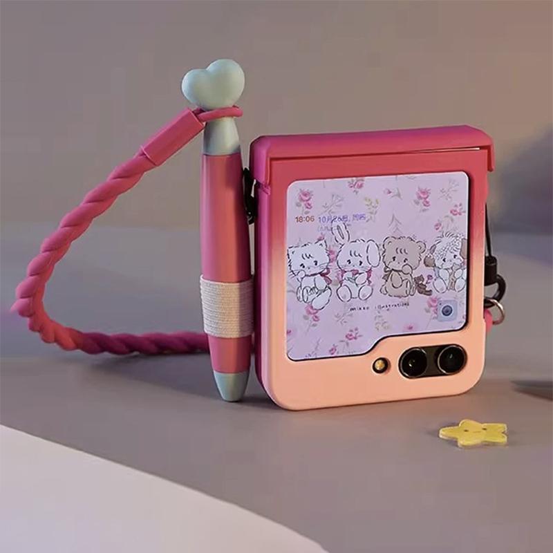 for Samsung z flip5 Case Cute Phone Case for Samsung Galaxy Z Flip5 with Stylus, Kawaii z flip 5 Cases 3d Dream Rabbit Gradient Red Pink Color Cover