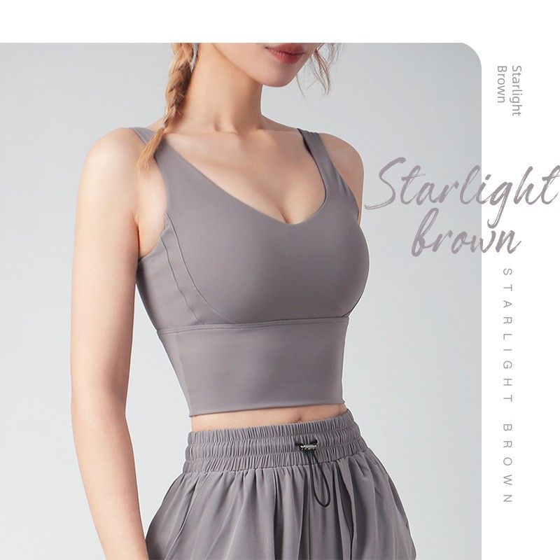 

One-Piece Sports Intimates Women s Fixed Chest Pad Shockproof Push-up Yoga Vest Outer Wear Running Workout Bra Plus Size S Starlight Brown