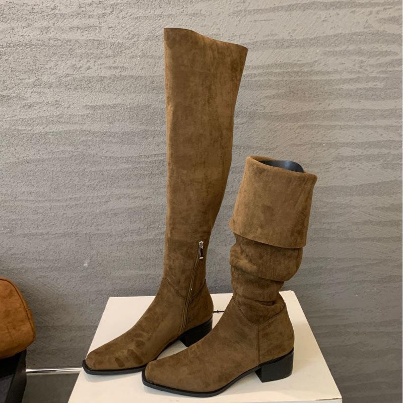 Two-wear foldable stacking boots~ square head thick heel French black knee boots women's boots 2025 new models