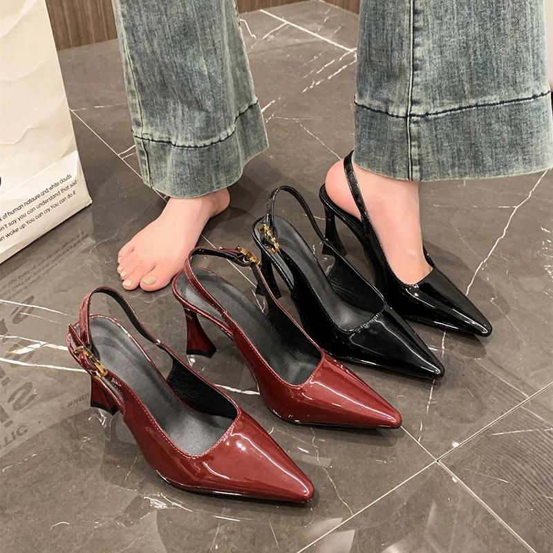 Women's 7cm and 9cm Single Shoes with Heels Expose Your Heels Pointed Tip High Heels Women Patent Leather Black Red Shoes Women