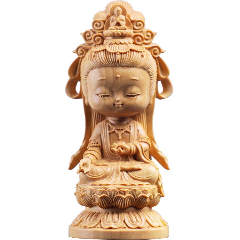Woodcarving Cartoon Guanyin Statue  Hand Carving Solid Wood Buddhist Feng Shui Guanyin Home Room Office Decoration  Statue