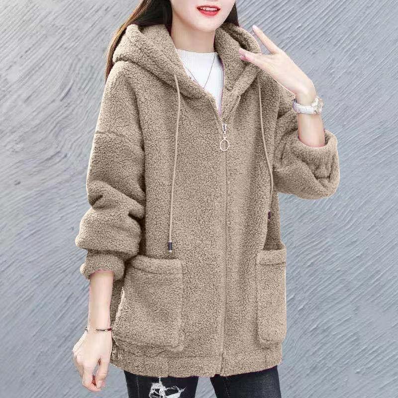 Lamb Fleece Sweater Women's Autumn and Winter Plus Velvet Thick Hooded Pocket Cardigan Lazy Style Zipper Jacket Women