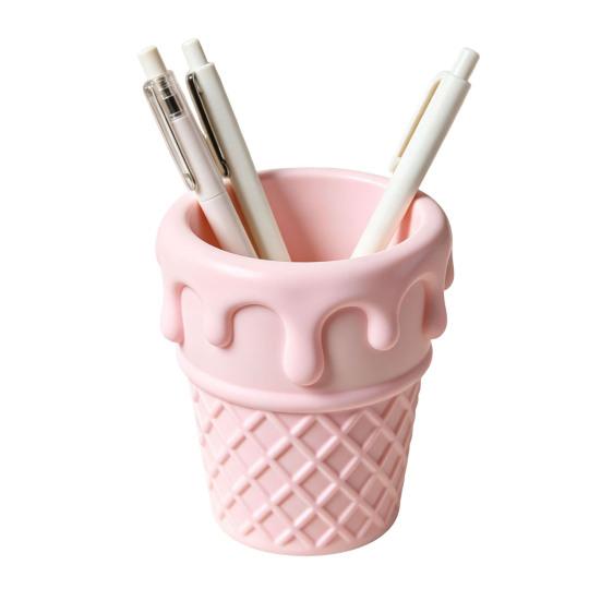 Nostalgie 3D Printed Ice Cream Cone Pen Holder, Waffle Base And Drip Top Desk Organizer, Multi-functional Pencil Cup for Pens, Marker, Makeup Brushes