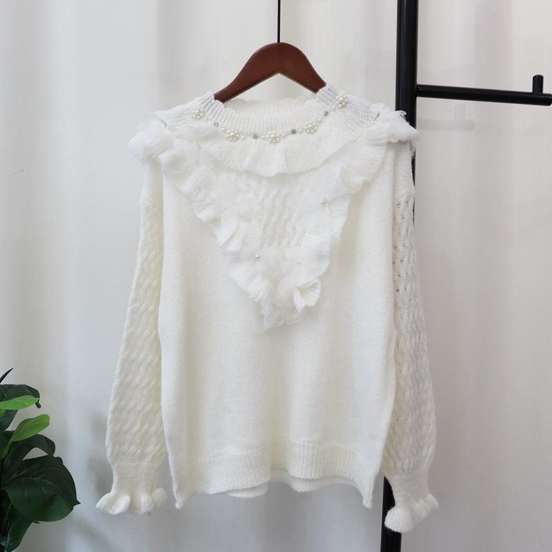 Bead Splicing Mesh Knitted Sweater Top Autumn and Winter New Loose Sweet Soft Waxy Gentle Sweater Pullover Woman