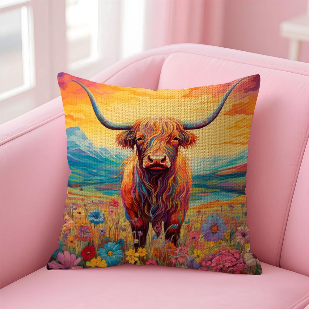 Highland Cow Pattern Cushion Cover Natural Linen Pillow Case DoubleSided Print Decorative Sofa Pillowcase Home Decor Gift