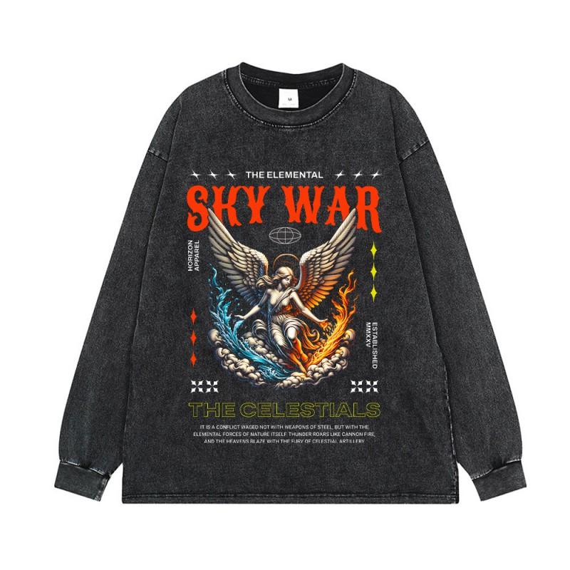 Mens Oversized Washed Cotton Tee With Vintage Dark Angel Print Loose Fit Short Sleeve T-Shirt