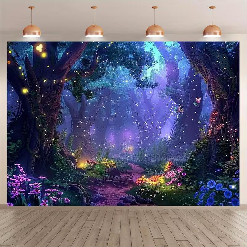 2D Enchanted Glowing Flower Forest Background Tapestry