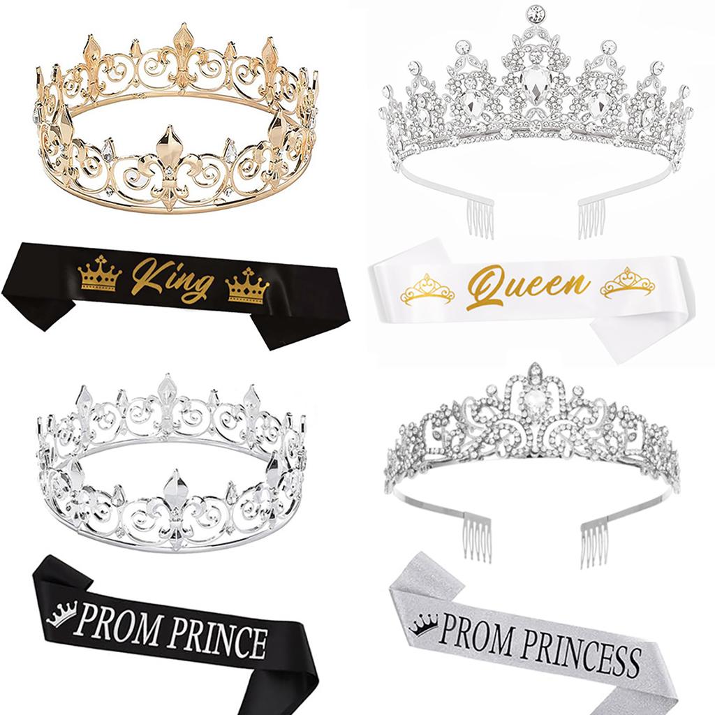 Party Royal Crown med skärp för män Kvinnor Födelsedag King Rhinestone Crown Shoulder Wrap Set Kvällsfestrekvisita tillbehör