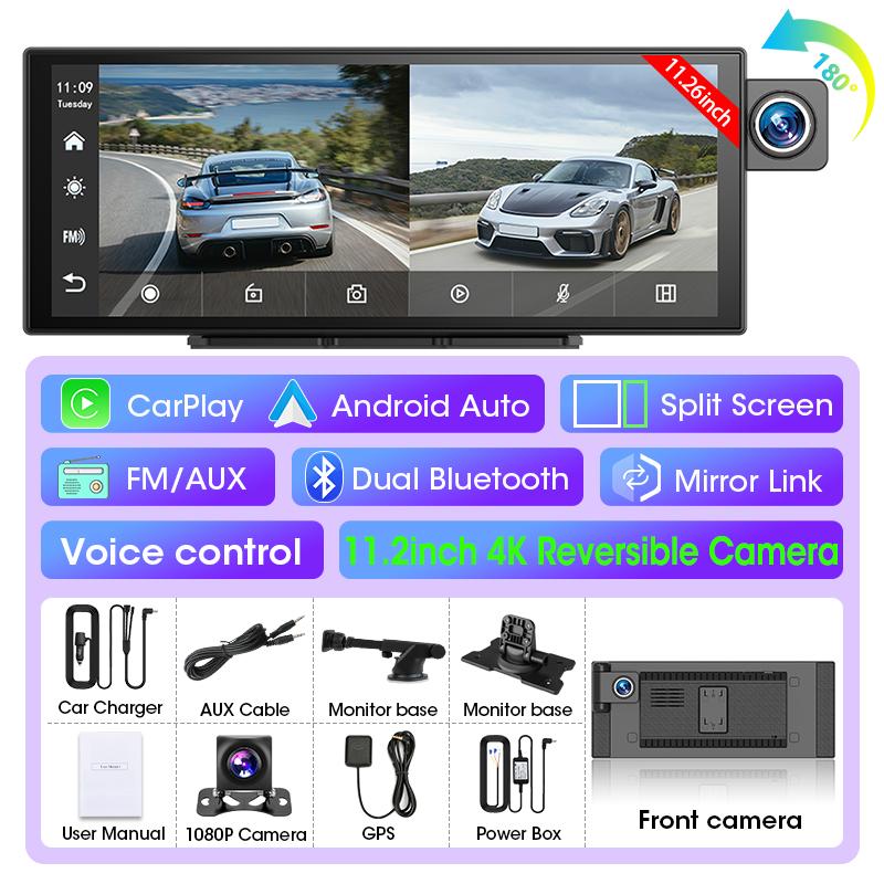 11.26Inch 4K Dash Cam Rotating Lens Video Recorder Dashboard Car DVR Wireless Carplay Android Auto FM BT AUX GPS Parking Monitor