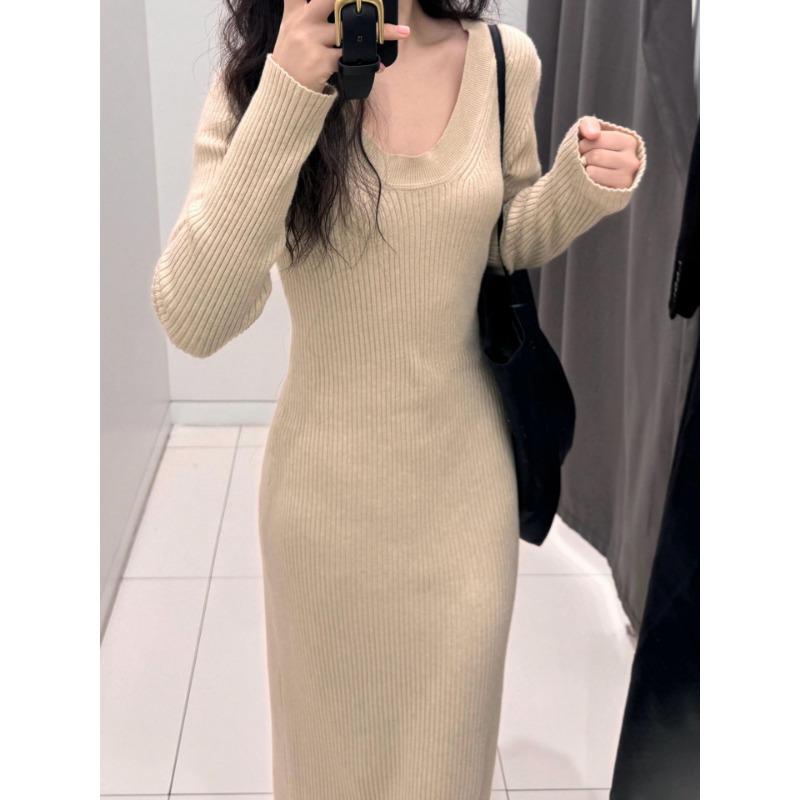 

[] Knitted dress women s autumn and winter temperament inner matching bottom skirt slim hip skirt dress dress long skirt S абрикосовый