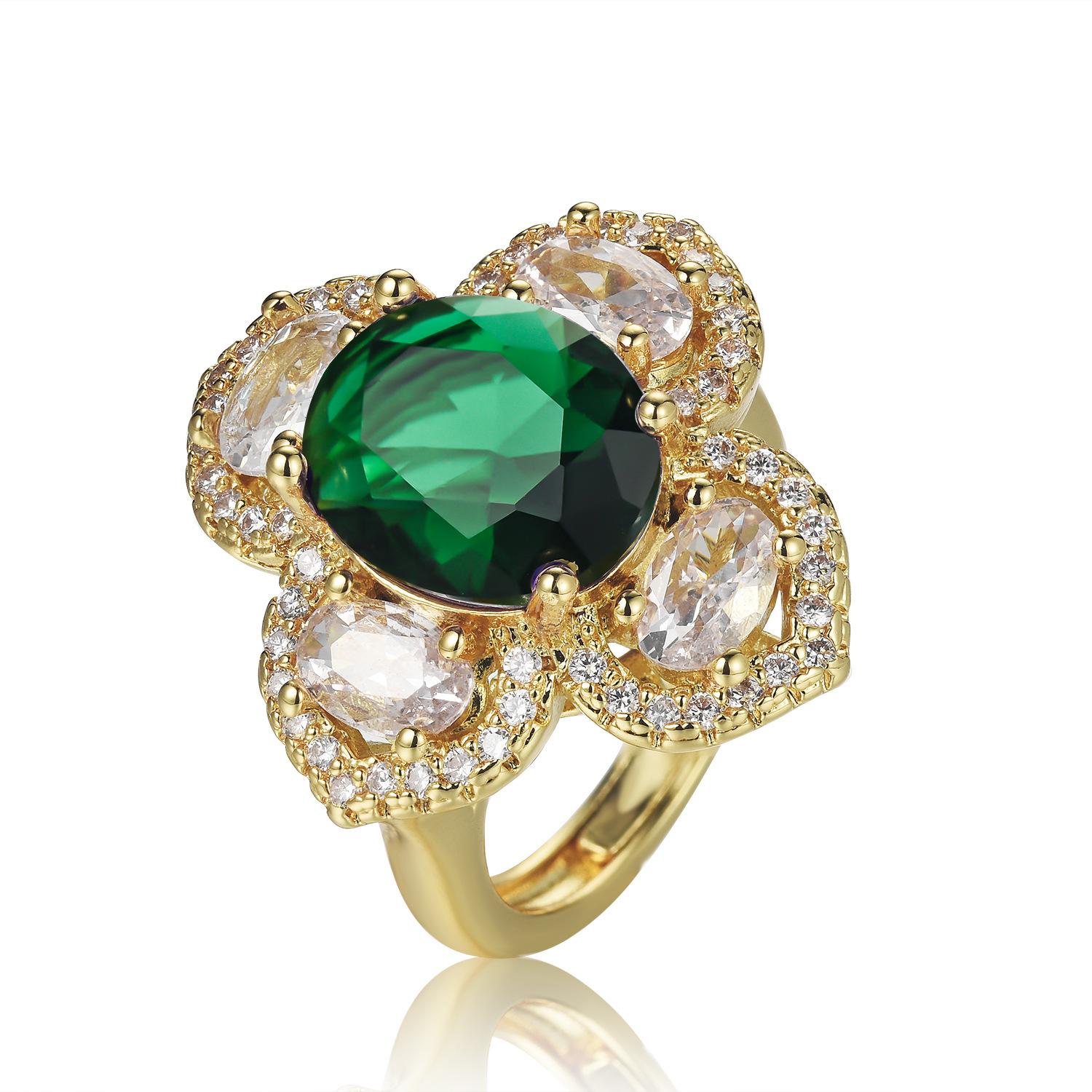 

Hot mining heavy industry colored treasure oval zircon four-leaf clover ring ring ring зелений