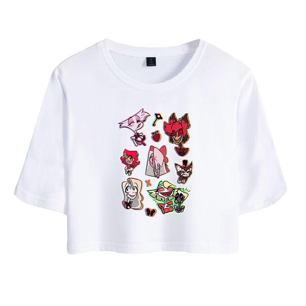 Tricou cu mânecă scurtă cu mânecă scurtă și cu gât rotund, cu imprimeu animat, elegant Hazbin Hotel, crop topuri sălbatice, casual, pentru vară