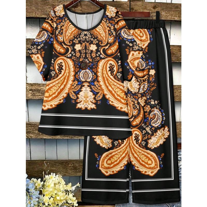 Women's Plus-size Summer New Style Casual Short-sleeved Printed Wide-leg Pants Top and Pants Two-piece Set