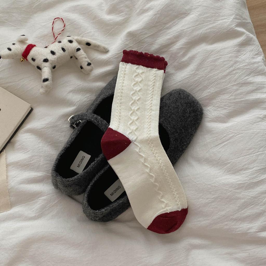 Berry Red Series'New Socks Rhombus Bow Medium Tube Socks Polka Dot Stacking Socks