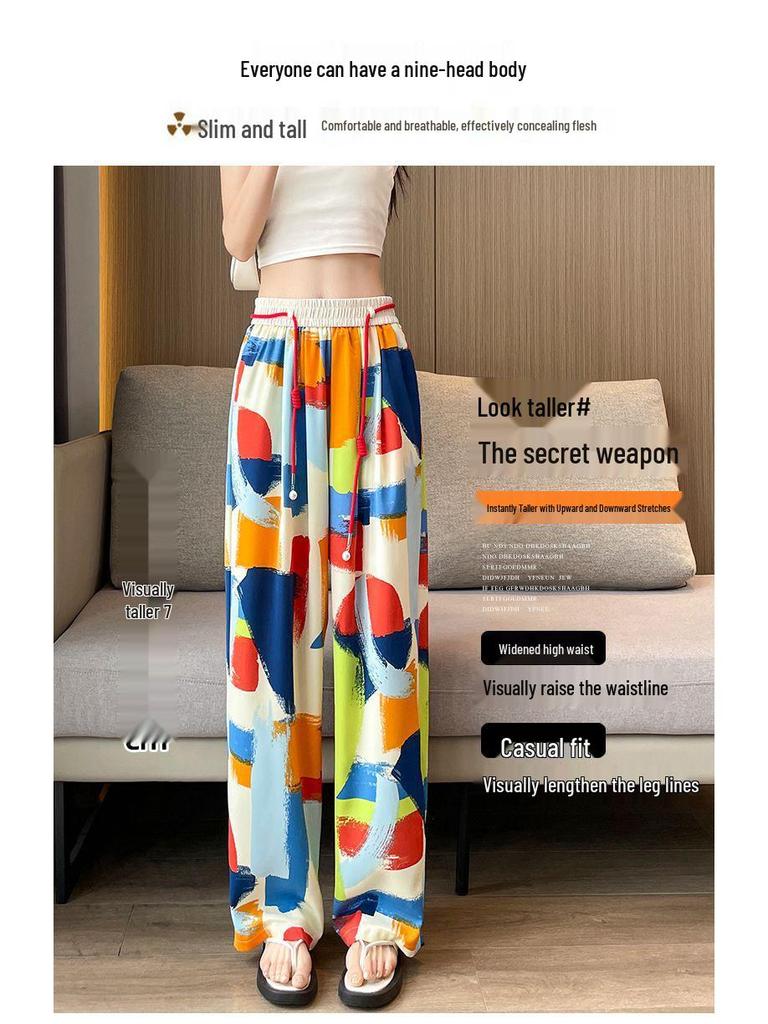 Plus Size Women's High-Waisted Tie-Dye Wide-Leg Summer Pants - Ice Silk, Slimming, Casual, Loose, and Draping.