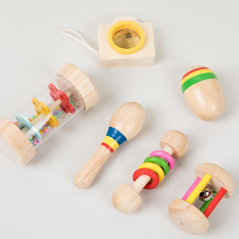 Wooden baby baby gnawing teeth soothing hand rattle 6-piece combination set early education toys