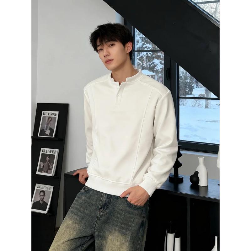 Men s Gray Henley Collar Plus Velvet Thick Long Sleeve T-shirt - Autumn/Winter Heavyweight Base Layer 3XL