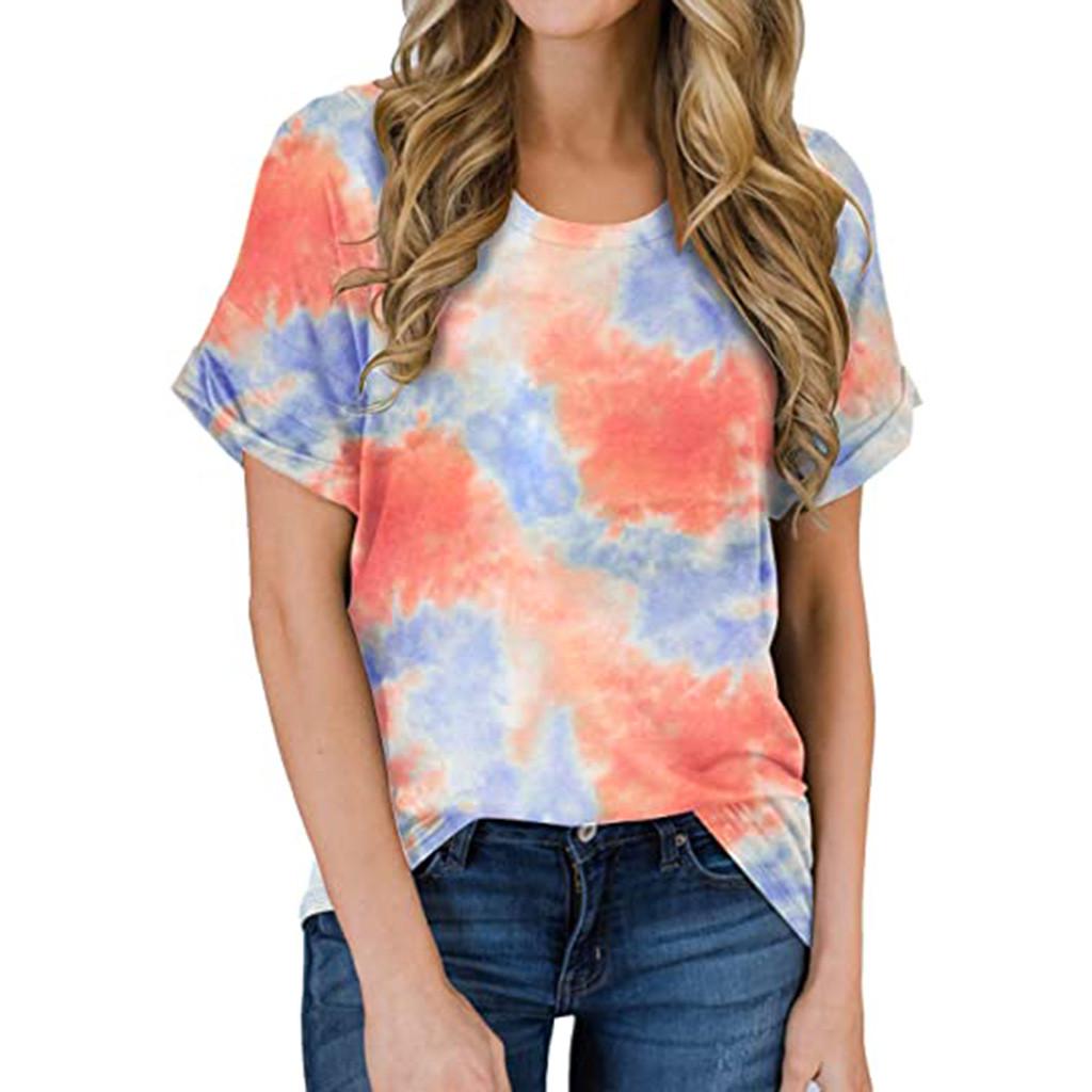 Kvinners rundhals kortermet Tie-Dye Print Uformell løs topp T-skjorte bluse