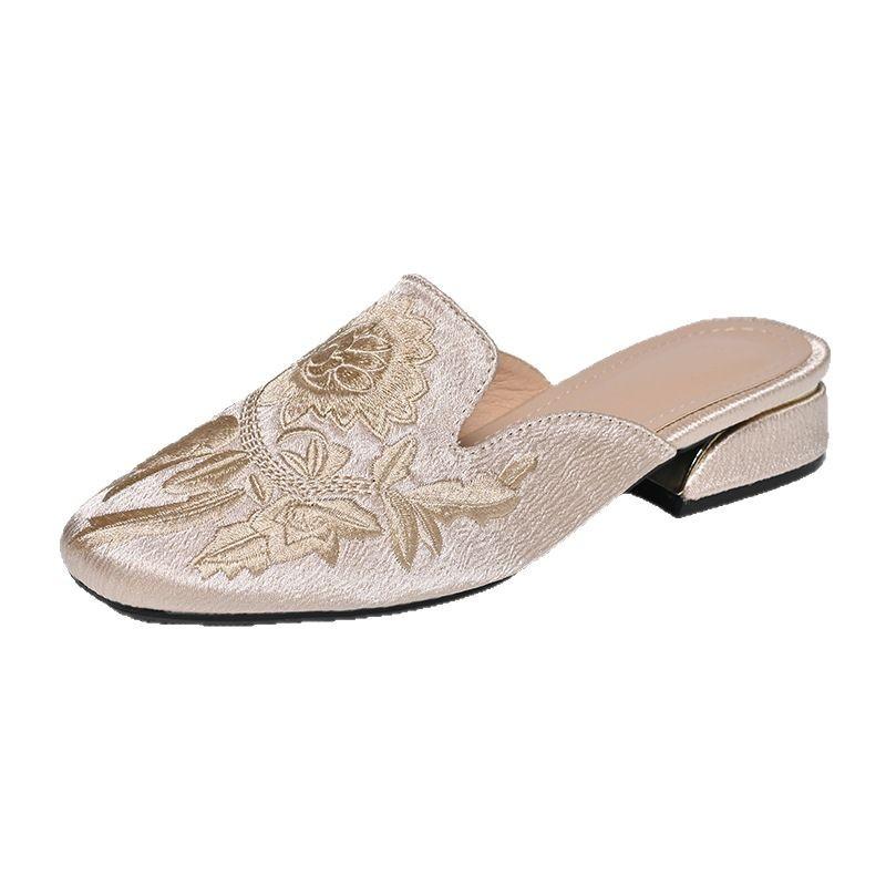 Fashion Desinger Embroider Silk Slippers Women Square Toe Med-high Heels Slides Shoes Woman Outdoor Floral Footwear Metal Heel Pantuflas