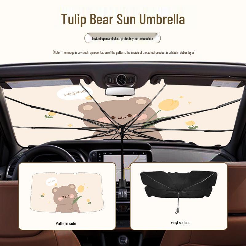 Cute Cartoon Bear & Rabbit Car Sunshade - Creative Summer Windshield Heat Insulation & UV Protection