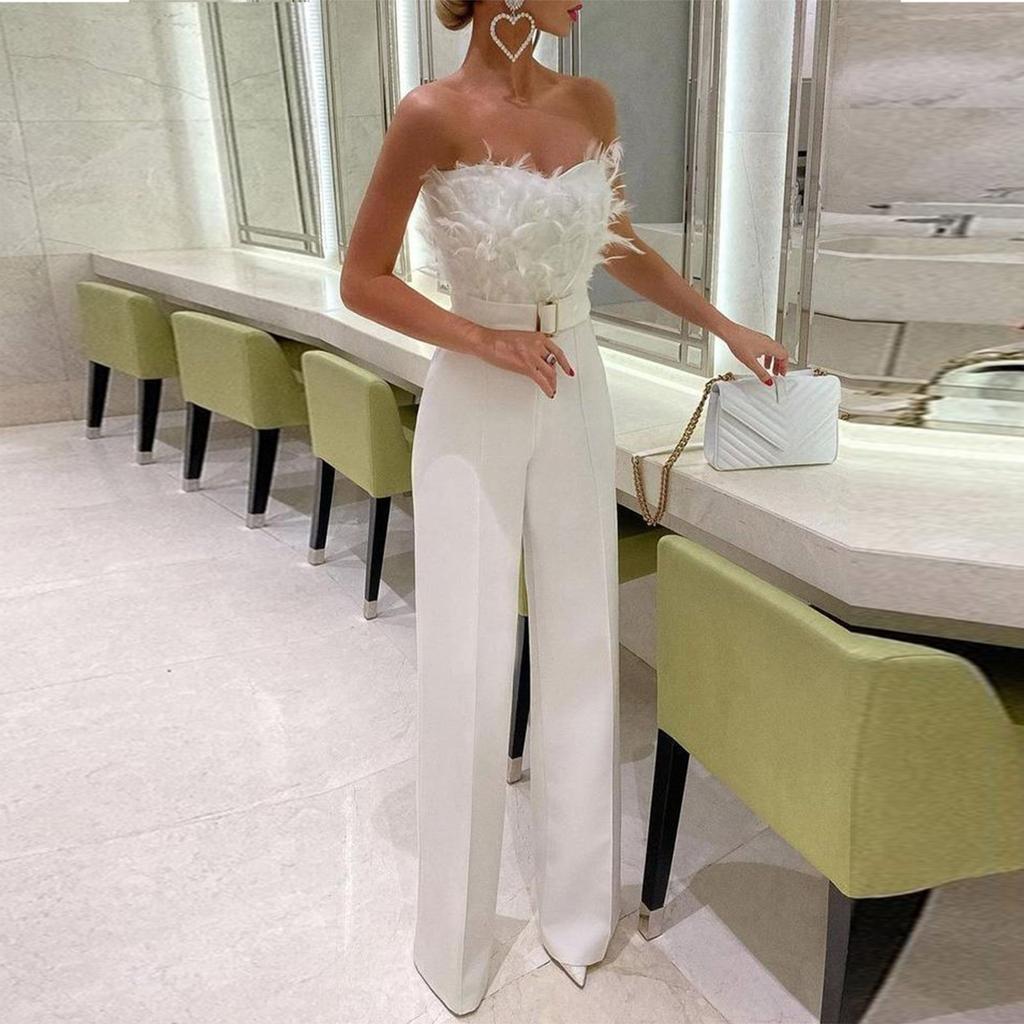 Women's Fashion Casual Feather Top Breast Sexy Sleeveless Jumpsuits