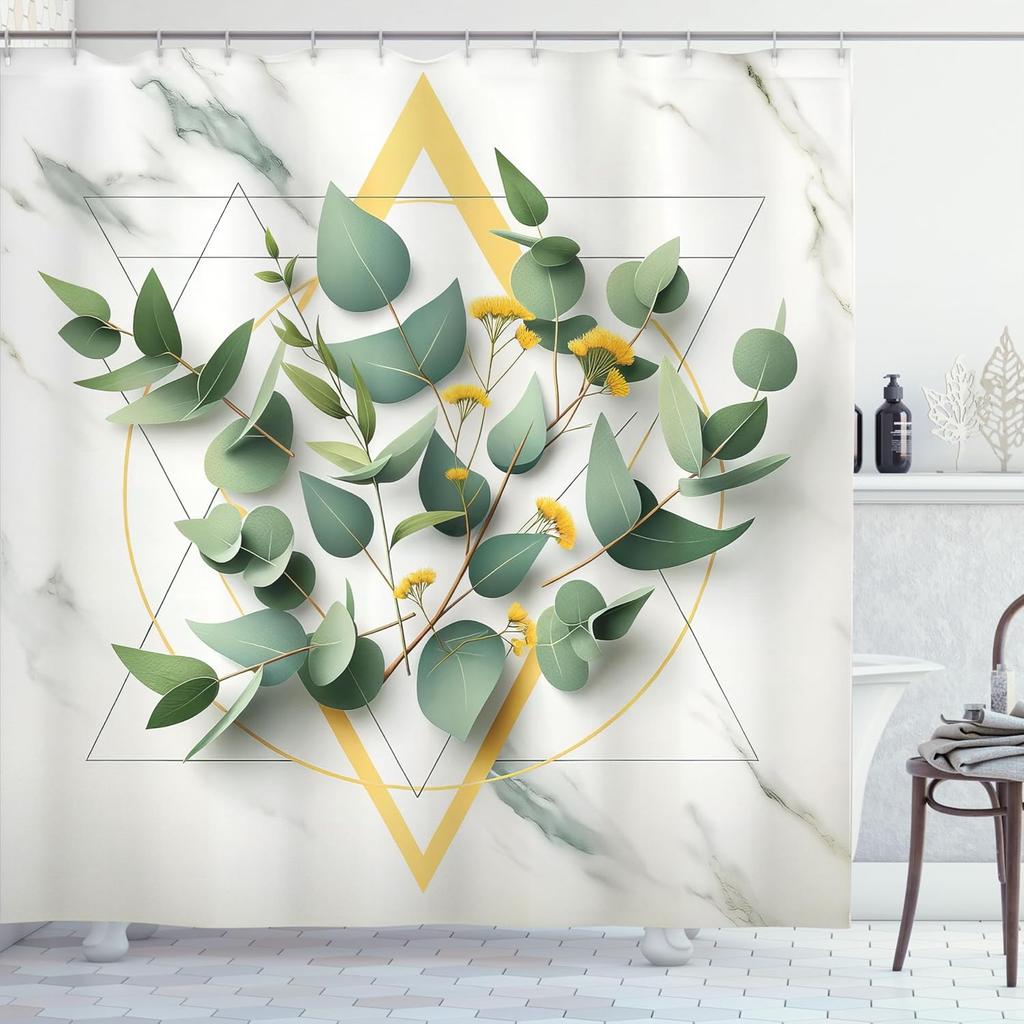 Eucalyptus Leaves Shower Curtain, Modern Botanical Composition With Branches On Polygonal Shapes, Cloth Fabric Bathroo