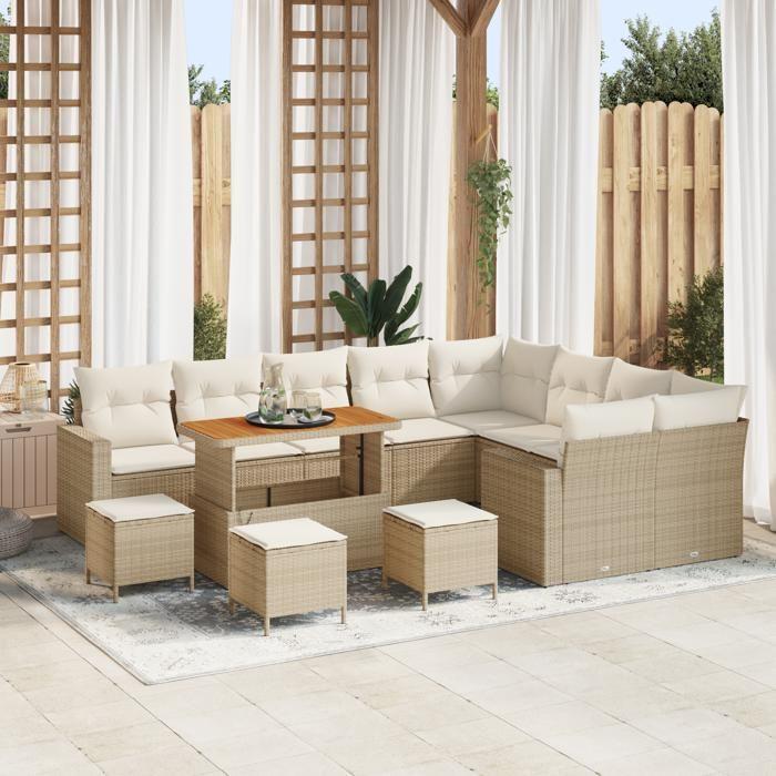 Ensemble de canapé de jardin VidaXL 13 pièces avec coussins Beige Poly Rattan Acacia, Ensemble de salle à manger de jardin 3361661