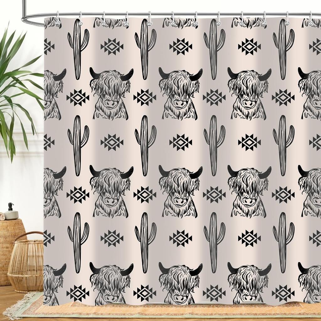 Cute Highland Cow Shower Curtain, Cactus Western Aztec Cattle Farm Animal Southwest Boho Bohemian Bathroom Curtains, Waterproof