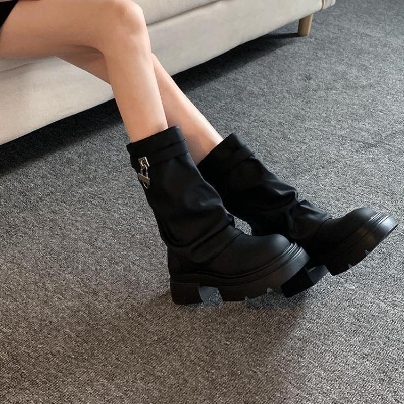Fashion Platform Leather Round Toe Women's Half High Boots Spring Autumn Trend 2025 Designer Luxury Ladies Mid Calf Shoes On Promotion