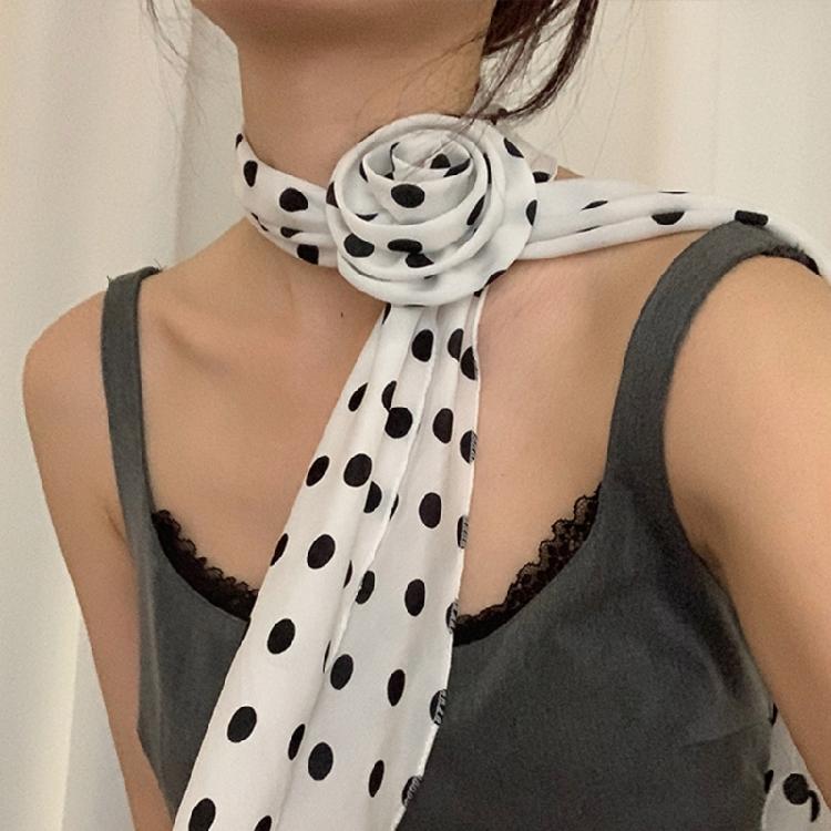 Fashionable Neck Scarf Lightweight Long Muffler with Elegant Round Dot and Rose Pattern Trendy Women's Accessory