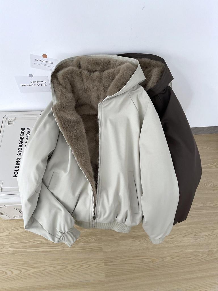 Unisex Reversible Hooded Cotton Jacket with Thick Velvet for Winter