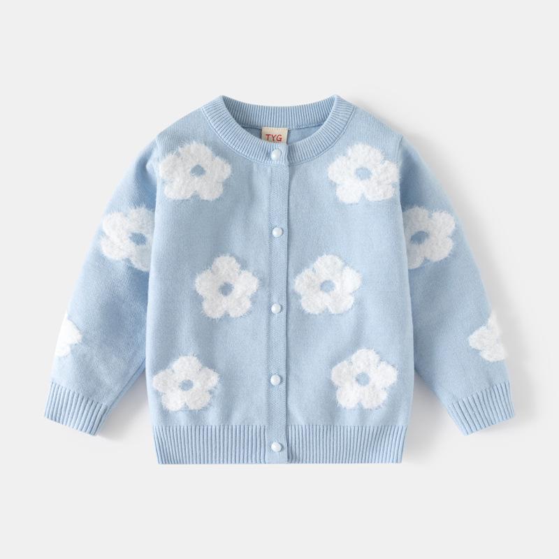 Jinbei Girls  Faux Mink Floral Knit Cardigan Sweater 140 (for height 130cm) светло-синий