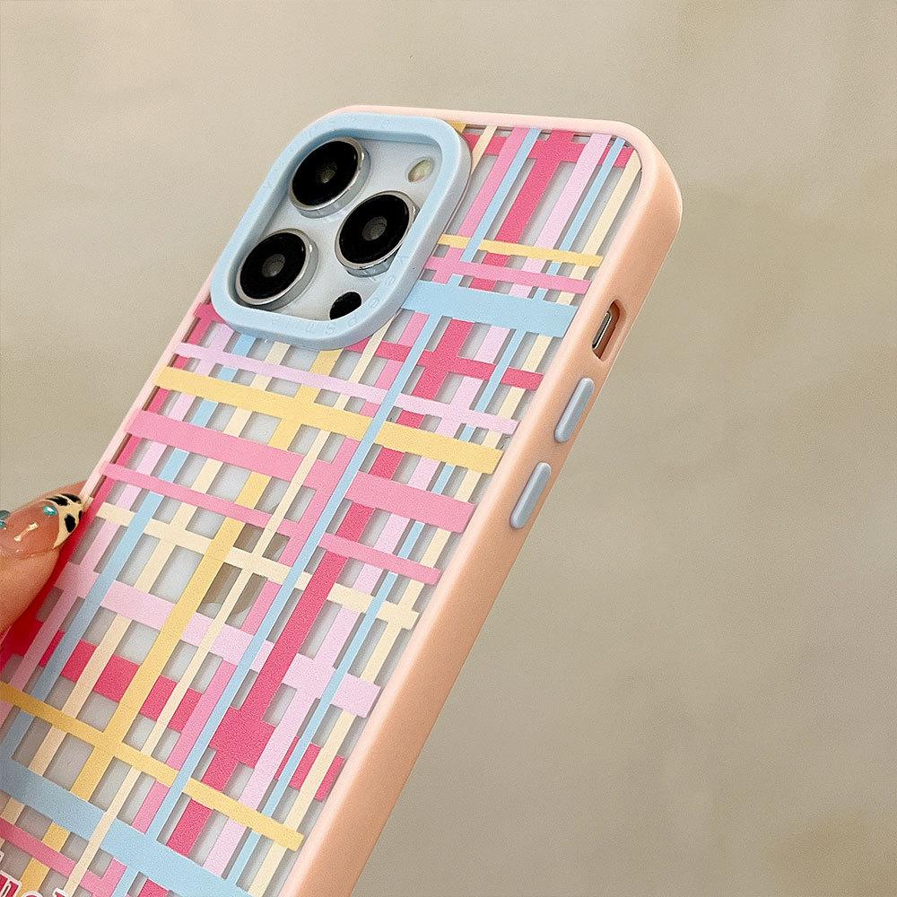 Colorful Plaid Contrast Color Suitable for IPhone16 Mobile Phone Case Apple 15 Protective Case 14pro Acrylic 13 Soft Edge