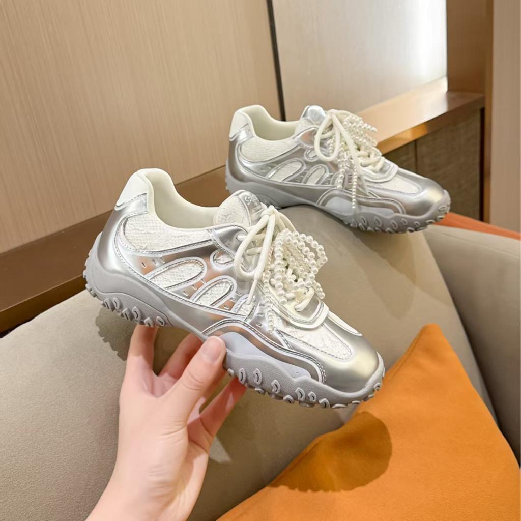 Leather Thick-soled Inner Height-increasing Lace Training Shoes for Women's 2025 Spring and Summer New Pearl Retro Silver Casual Forrest Gump Shoes