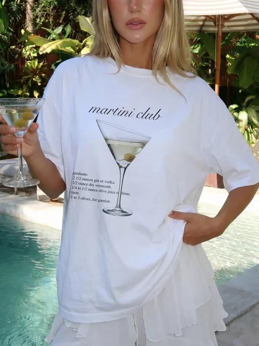 Oversized Y2K print T-shirt: Martini Club (with glass) L
