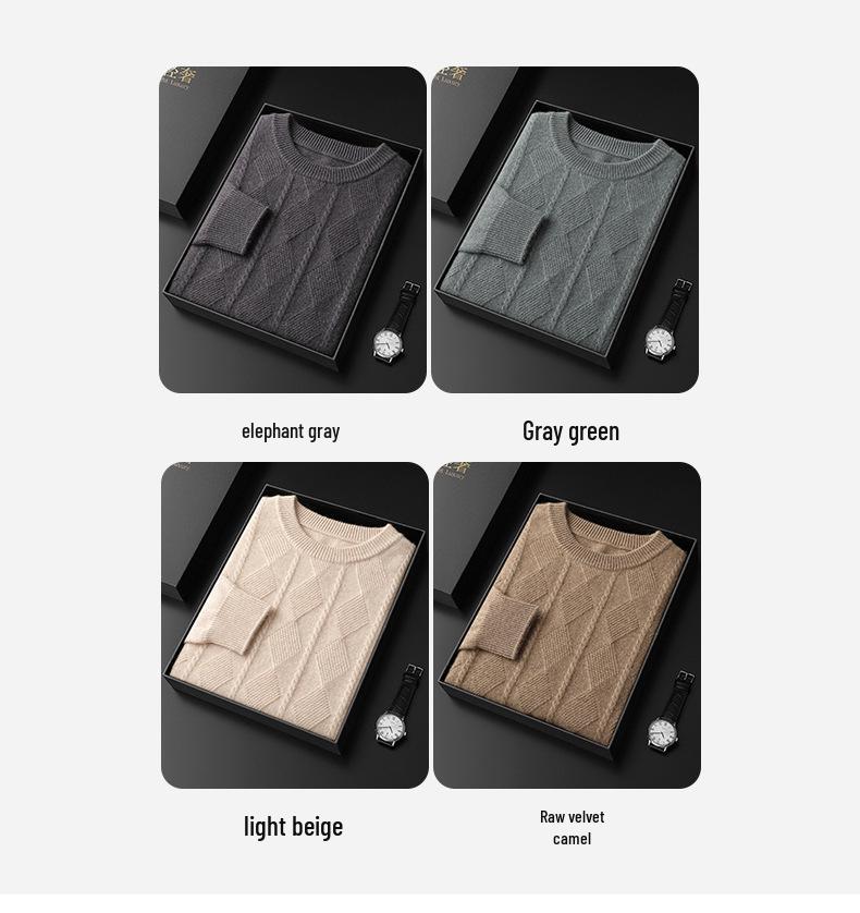 Men's Thickened Crew Neck Pure Cashmere Sweater - Warm Wool Knit Pullover for Autumn and Winter