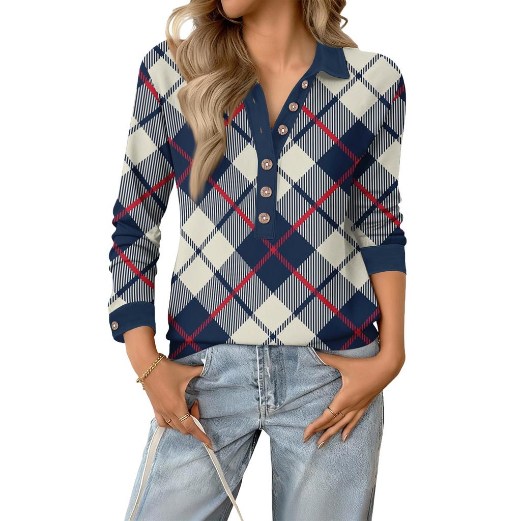 Women's Retro Street Lazy V,neck Long Sleeve Button Plaid Print Pullover Top