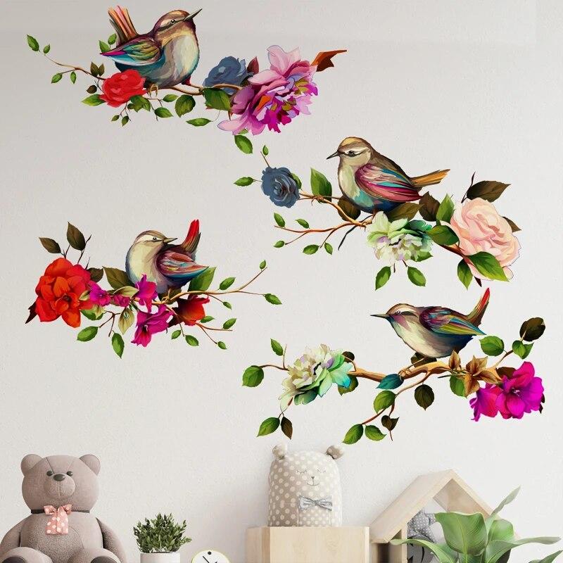 1pc Bird & Floral Pattern Wall Sticker Birds Standing On Branches Flowers Decorating Wall Stickers