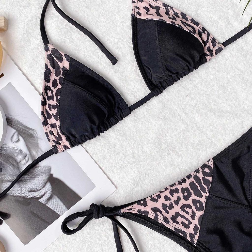 Dámské leopardí patchworkové bikiny Push-Up vycpané plavky plavky plážové oblečení set