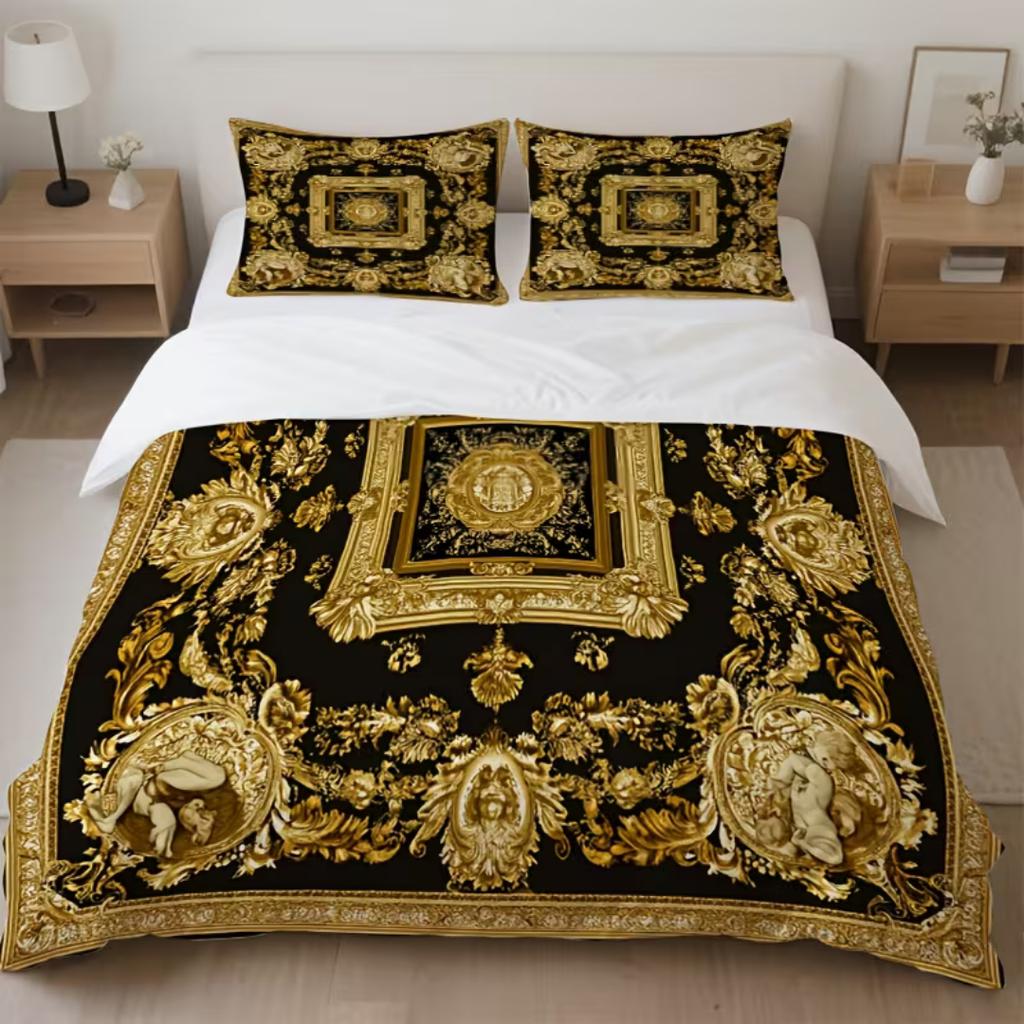 3-teiliges Luxus-Bettwäsche-Set mit goldenem geometrischem Druck, Barock-Bettbezug-Set für Zuhause, Studentenwohnheim-Dekoration, Einzel-, King-, Queen-Größe 228x228