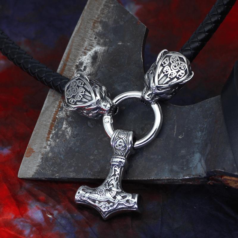 New High Quality Viking Wolf Head Leather Necklace Thor Hammer Pendant Jewelry Gift