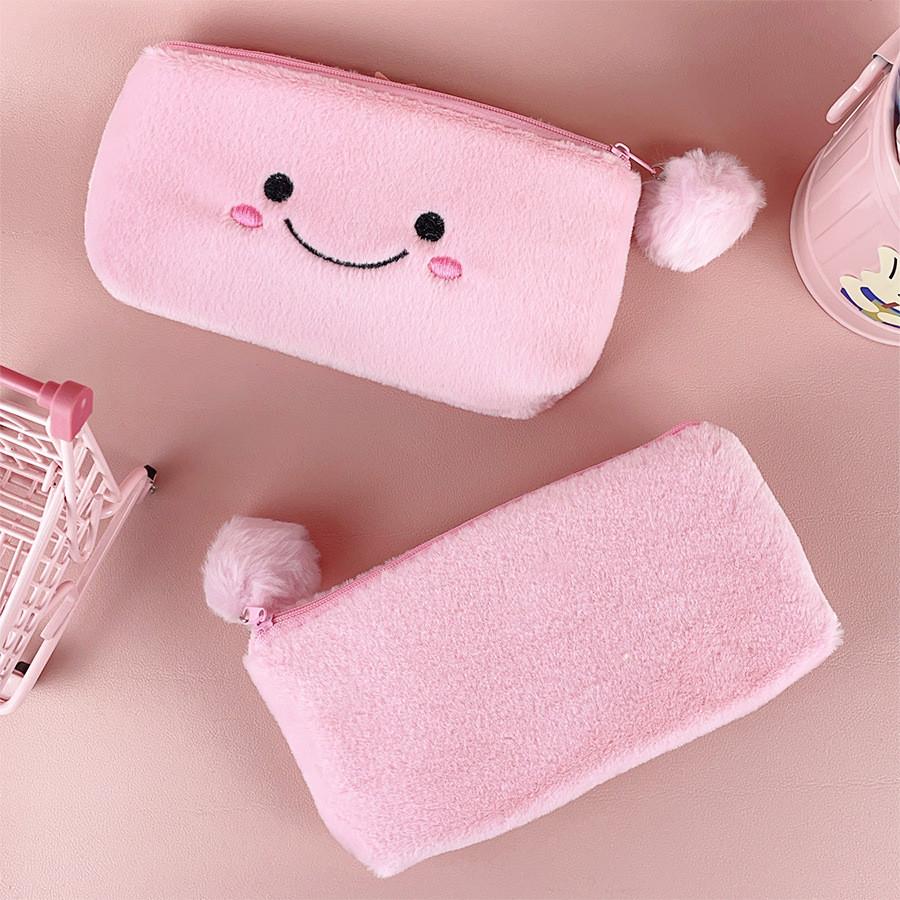 Cute Pink Smiling Pom Large Capacity Pencil Case Plush Storage Bag Students For