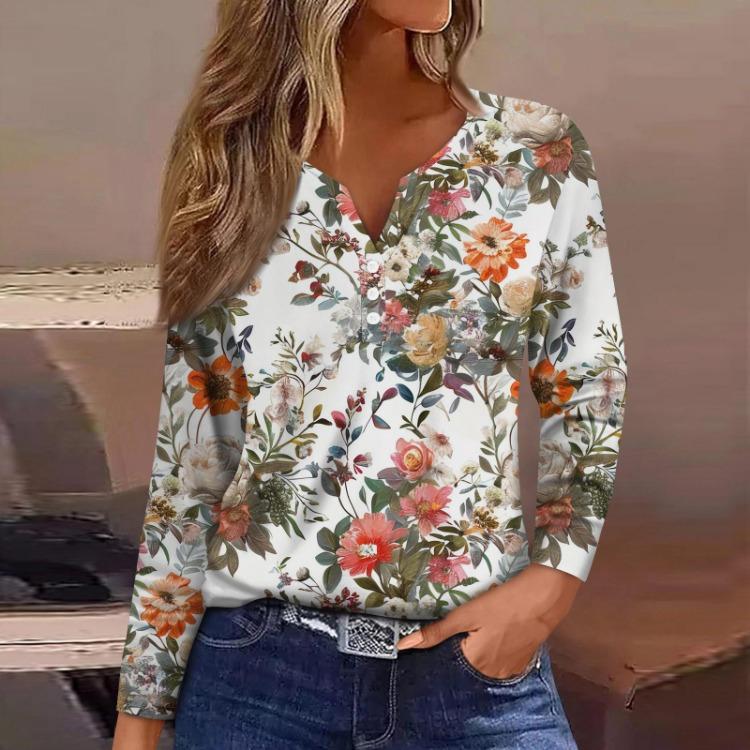 Damen T-Shirt mit Blumenmuster V-Ausschnitt Langarm Reguläres Oberteil Basic T-Shirt Alltags-Wochenend-Mode Knopf