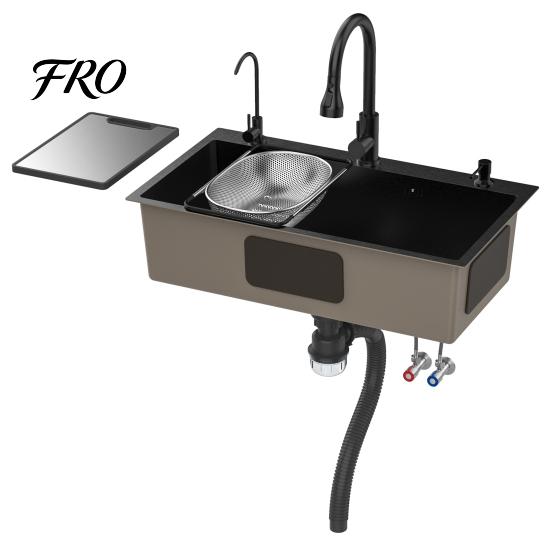 Kitchen Sink Black Sink, Embedded/Top Mounted Stainless Steel Workbench with Cutting Board & Drainage Basket, Single Bowl Accessories (31.5 x 17.7in)