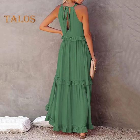 Γυναικείο καλοκαιρινό φόρεμα με βολάν, λαιμόκοψη αμάνικο, χαλαρό, μονόχρωμο, πτυχωτό φόρεμα για διακοπές στην παραλία