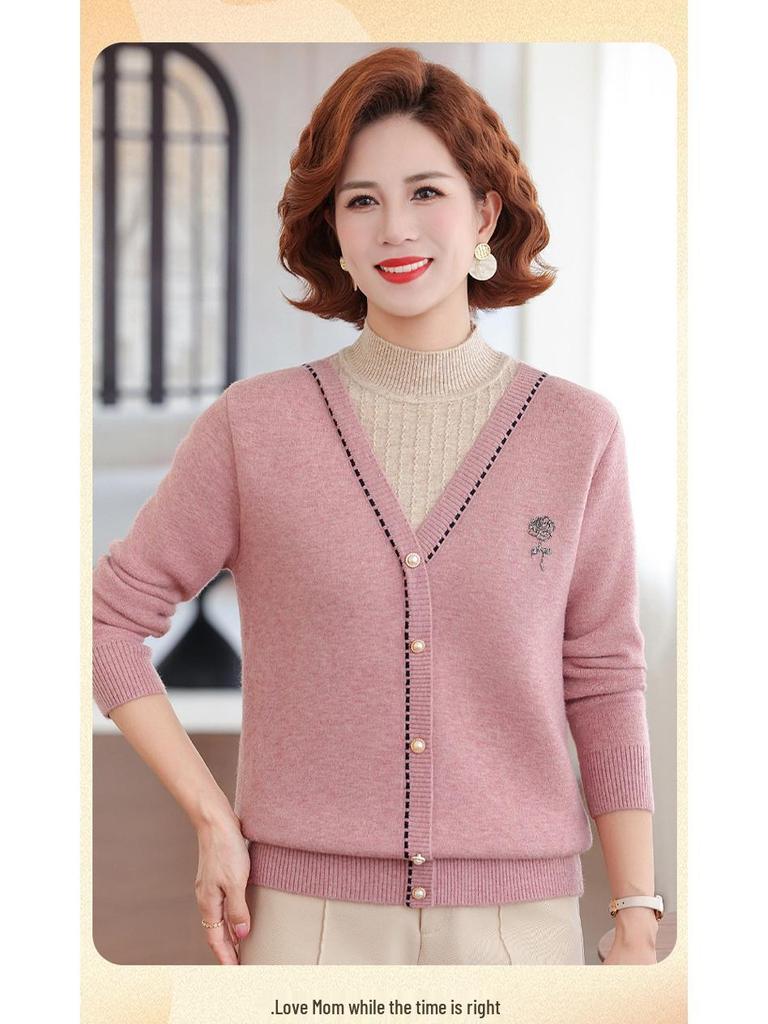 Mom's 2025 Winter Two-Piece Style Plus Velvet Sweater for Middle-Aged & Elderly Women - Thickened Autumn/Winter Velvet Base Layer Shirt